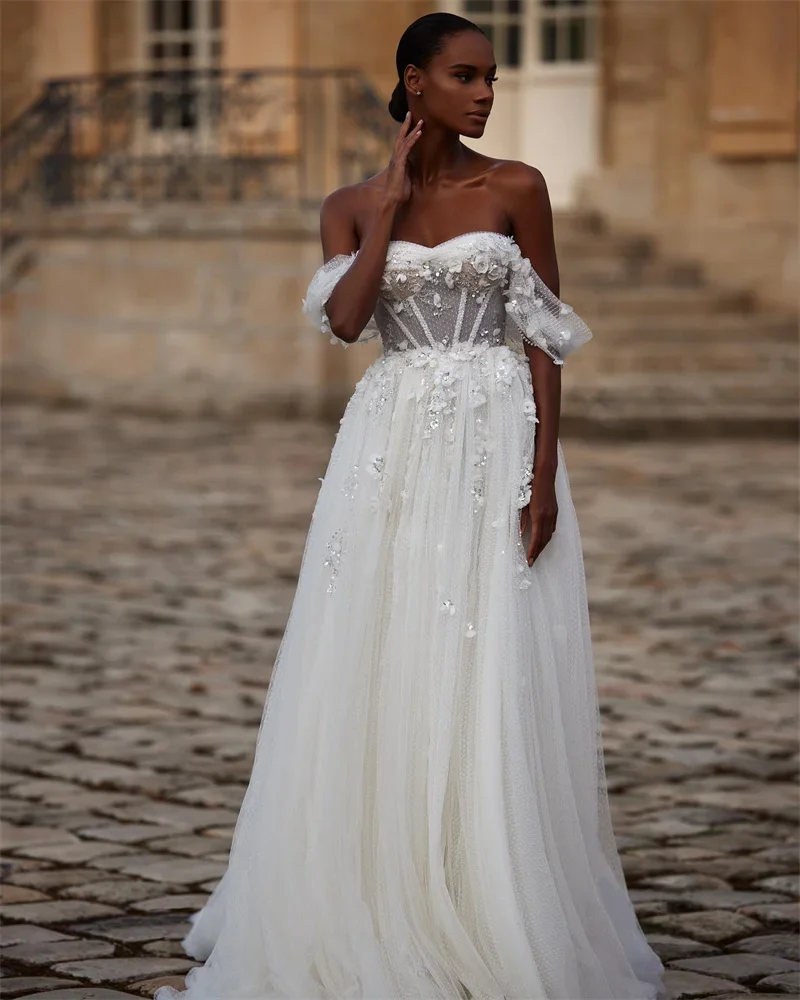 Robe de mariée élégante sans manches, ligne a, dentelle, épaules dénudées, Style sol, personnalisation