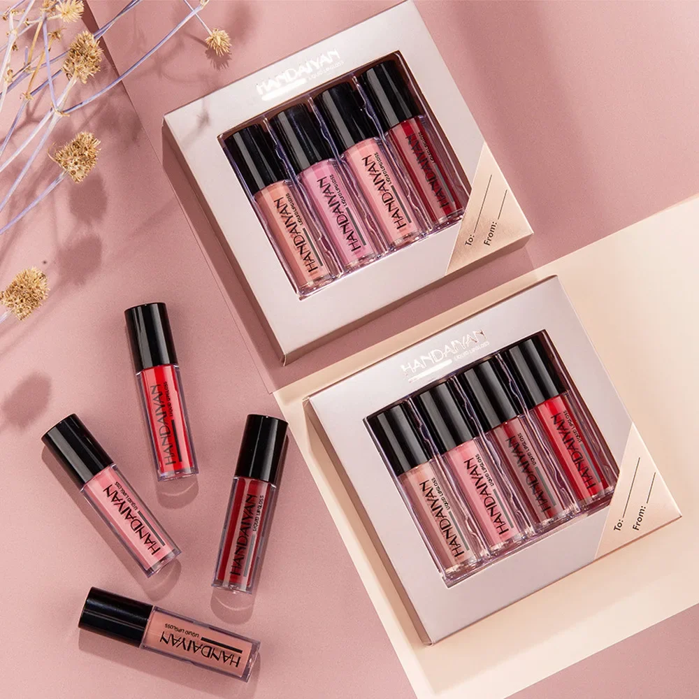 4 ชิ้น Lip Gloss Collection แต่งหน้าชุด Matte Mirror Liquid ลิปสติกชุดยาวนานกันน้ําผู้หญิง Lips แต่งหน้าเครื่องสําอาง