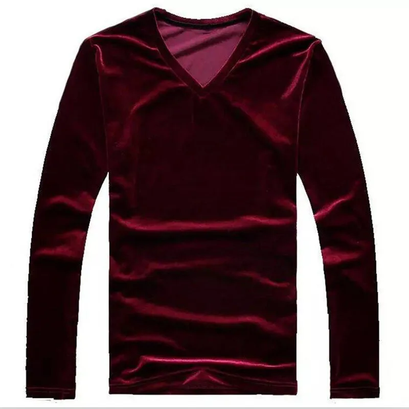 2024 Autumn Men Slim Fitness Velvet T-Shirts Vintage Long sleeves Tee Tops V-Neck Velour Shirts Plus Size M-7XL