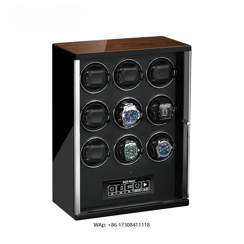 M&Q Ebonywatch Winder Wood 9 Slots Automatic Watch with LCD Touch Screen Box Watch Winder Piano Lacquer Velvet Watch Storage Box