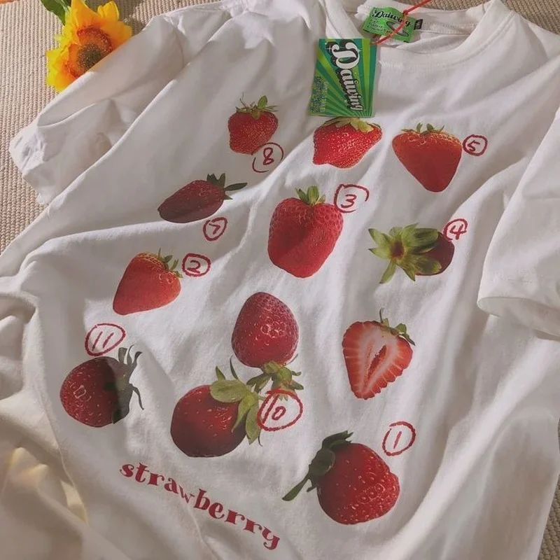 Chic Strawberry Print Shirts for Women Aesthetic Cartoon O-neck Casual Teens Clothes Japanese Fashion Streetwear Woman Tshirts