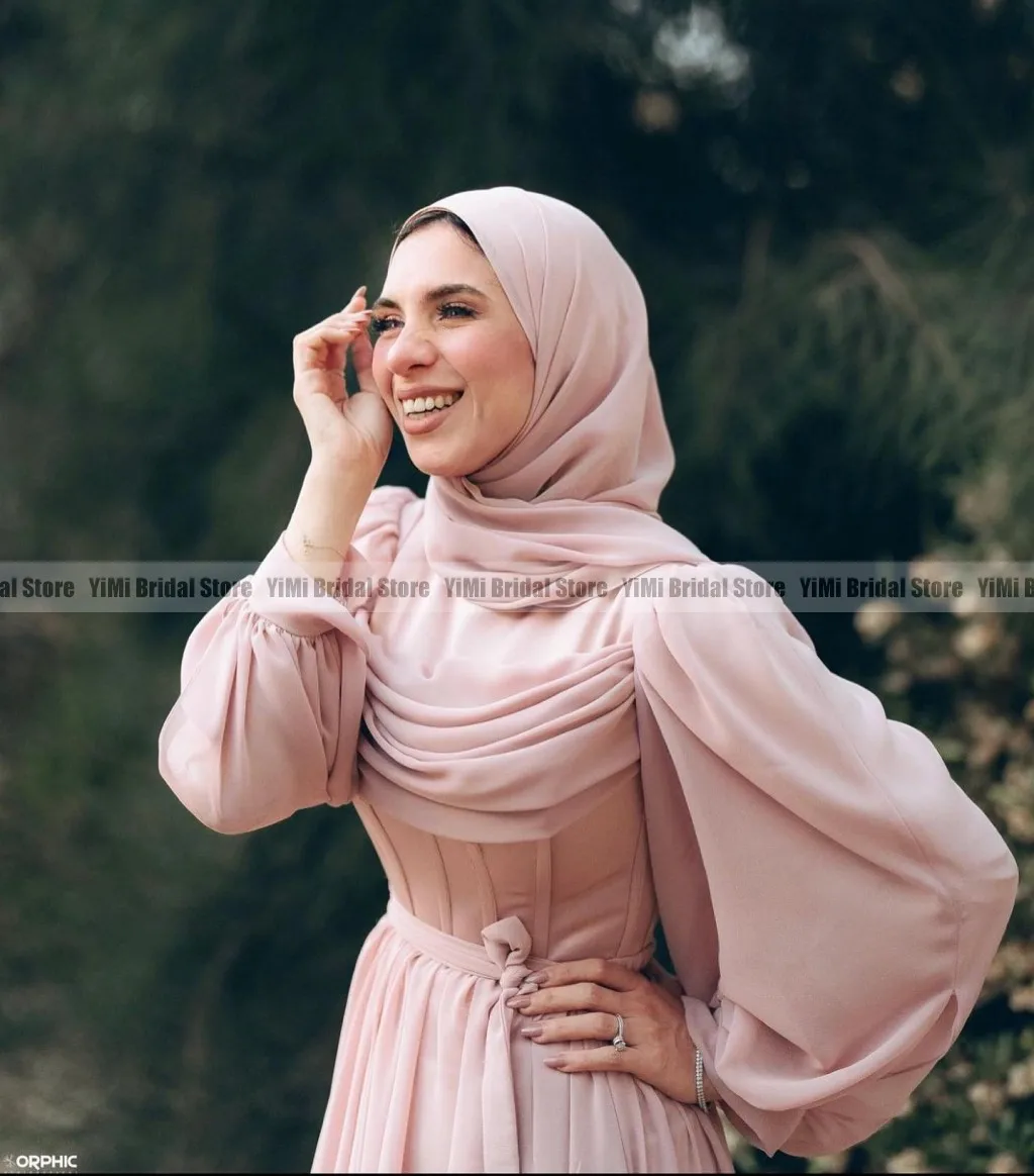 Blush Chiffon Prom Dresses for Hijab Women High Neck Long Sleeve Floor Length A Line Pleats Muslim Evening Party Gown Customized