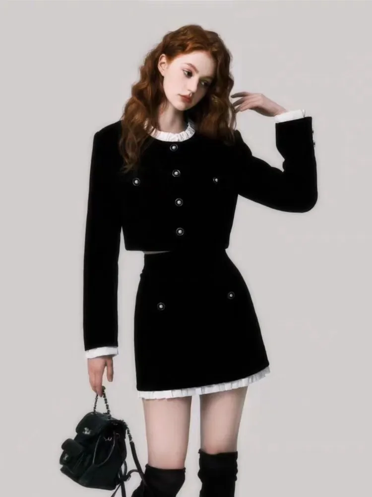 French Elegant Two Piece Velvet Skitr Set Women Autumn Winter long Sleeve Single Breasted Short Coat+A-line Mini Skirt Outfit