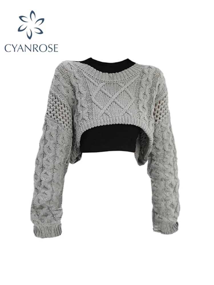 2022 autunno nuove donne maglione pullover tinta unita scava fuori maglione corto lavorato a maglia a maniche lunghe moda Casual stile coreano