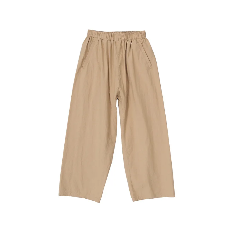 Wide-leg pants spring and summer khaki fluffy long-staple cotton elastic waist loose nine-point wide-leg straight pants