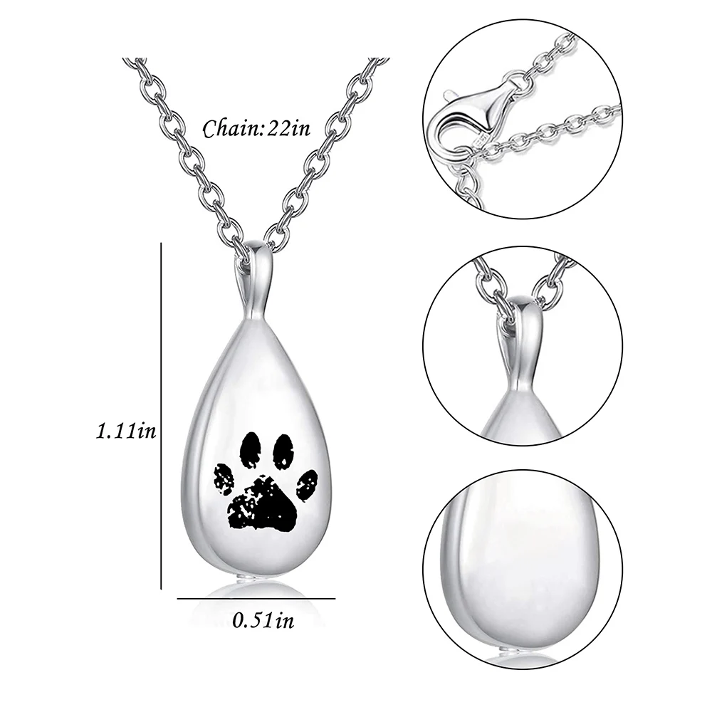 Teardrop Cremation Necklace for Ashes Customized Pet Paw Prints/Fingerprints Stainless Steel Urn Pendant Ashes Holder Memorial