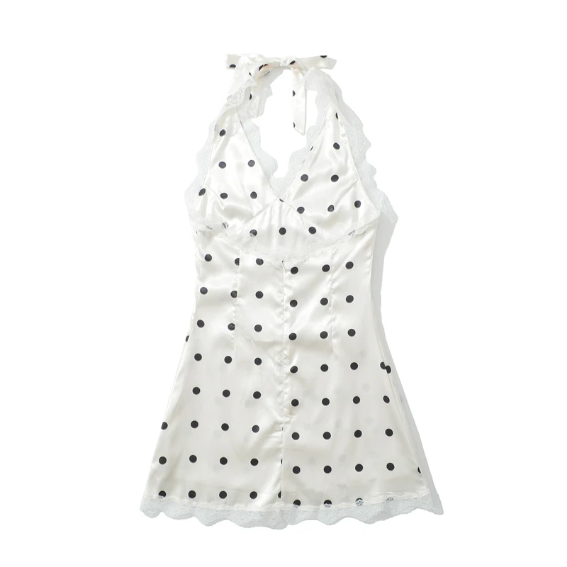 KEYANKETIAN 2025 Summer New French Style Lace  Decoration V-Neck Polka Dots Print Mini Dress Women's Backless Halter Satin Dress