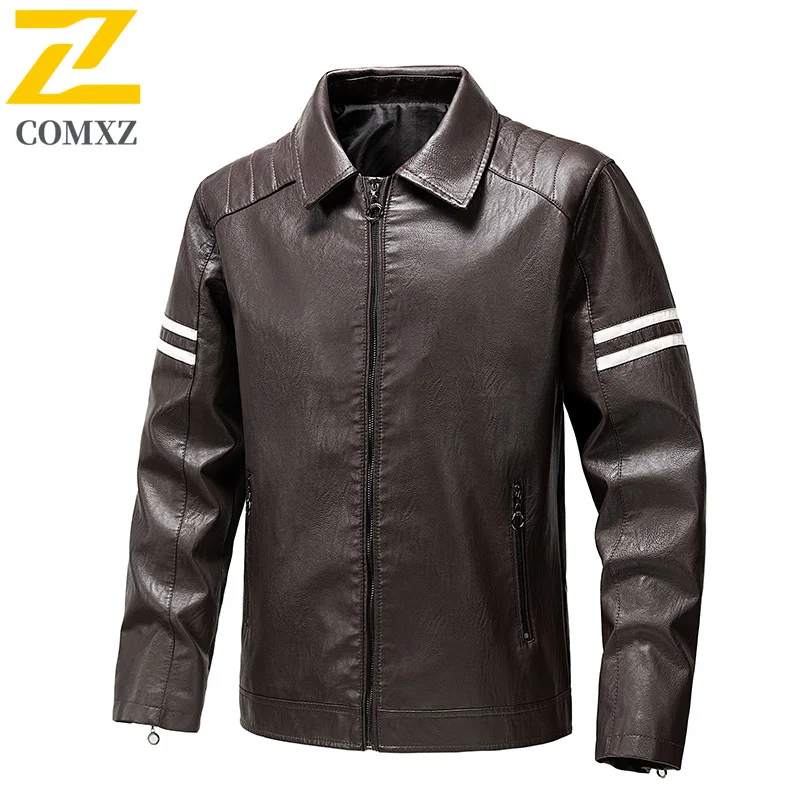 COMXZ Premium Leather Jacket Mens Classic Stand Collar Hiking Windproof Leather Coat Outdoor Sports Durable Autumn Outerwear​