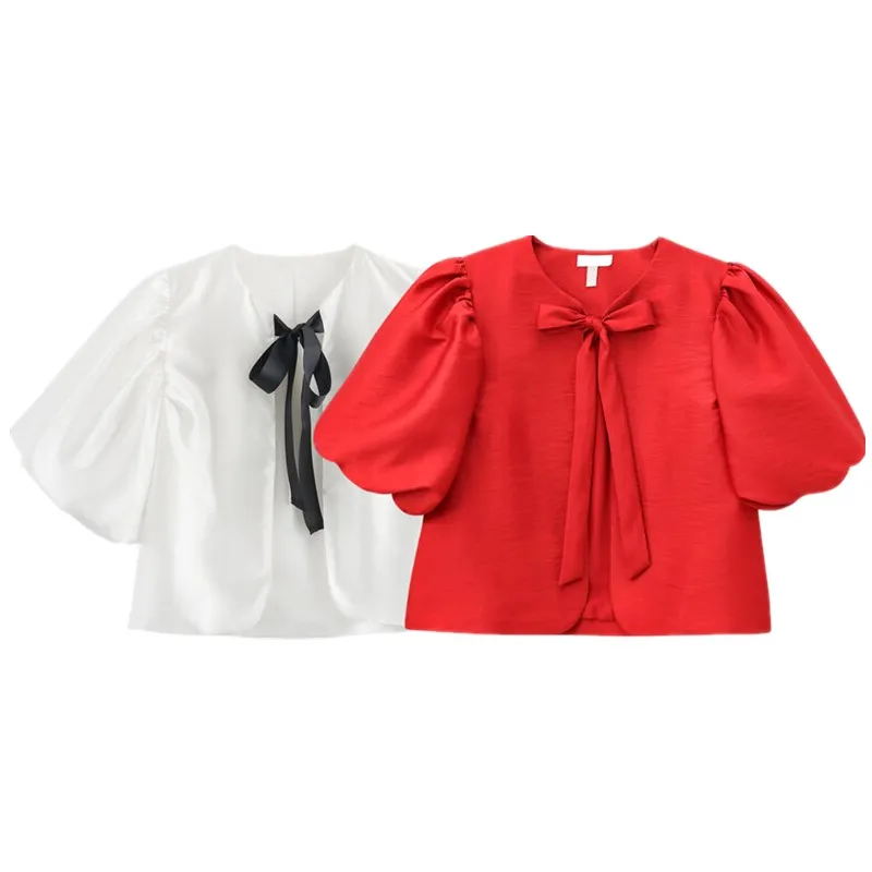 

Summer New Women's Faion Comfortable Pleated Lantern Sve round Ne Top ort Sve Regular Length Other Material irt