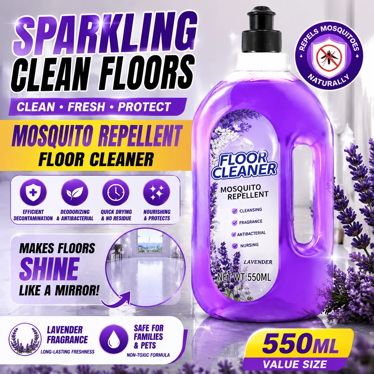 Floor cleaner with strong cleaning descaling properties, polishing cleaning of wooden floor tiles, leaving a lasting fragrance