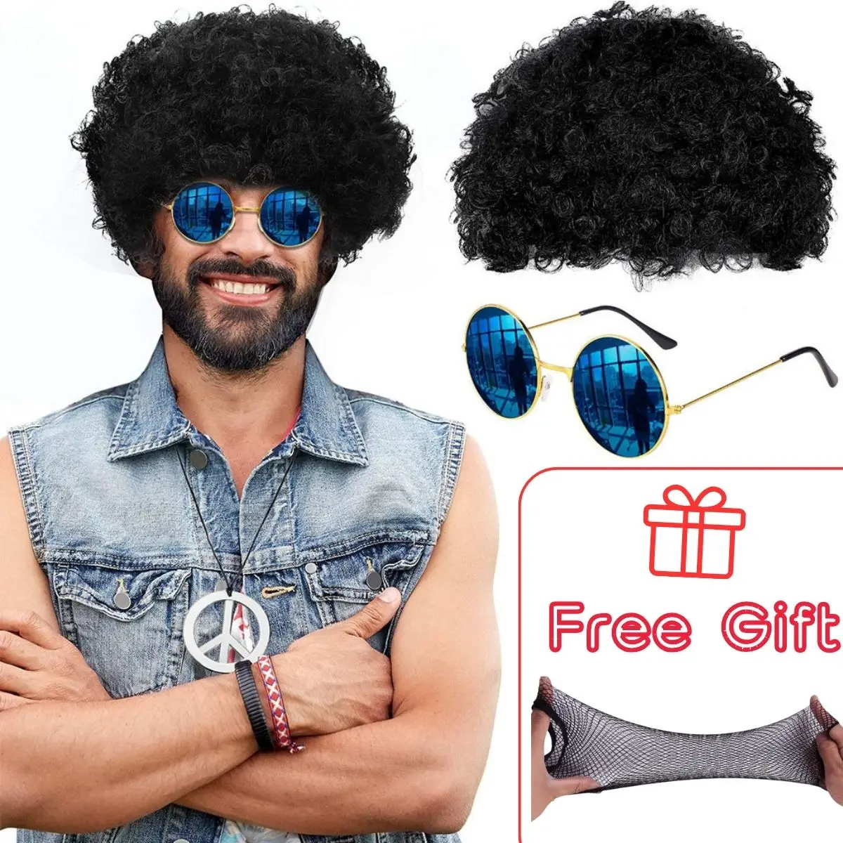 

Curly and Fluffy Costume Disco Style Synthetic Wig for Men With Glasses Party or Cosplay Costume Gifts