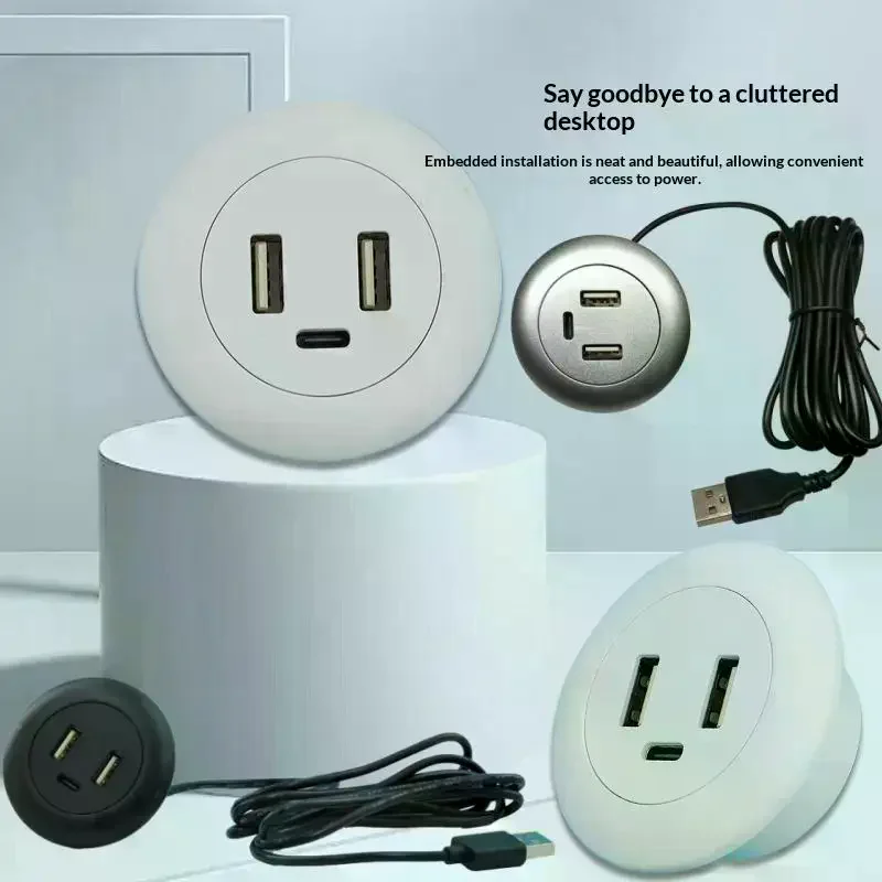 1Pcs Type-C USB Charger 3 In 1 Splitter Desktop Hole Embedded USB Hub For Laptop PC Mobile Phone Charging Furniture Office Socke