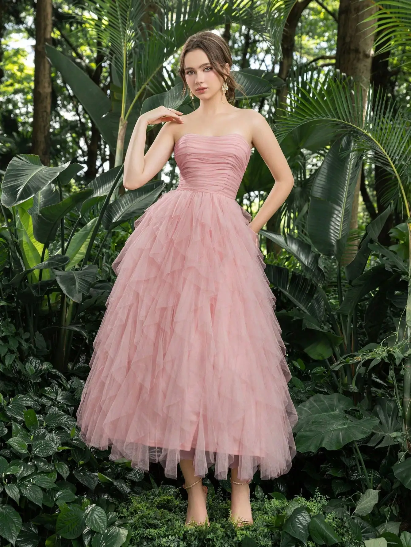 Elegant Strapless Tulle Dress with Ruched Bodice and Cascading Ruffles for Prom, Homecoming, or Formal Events