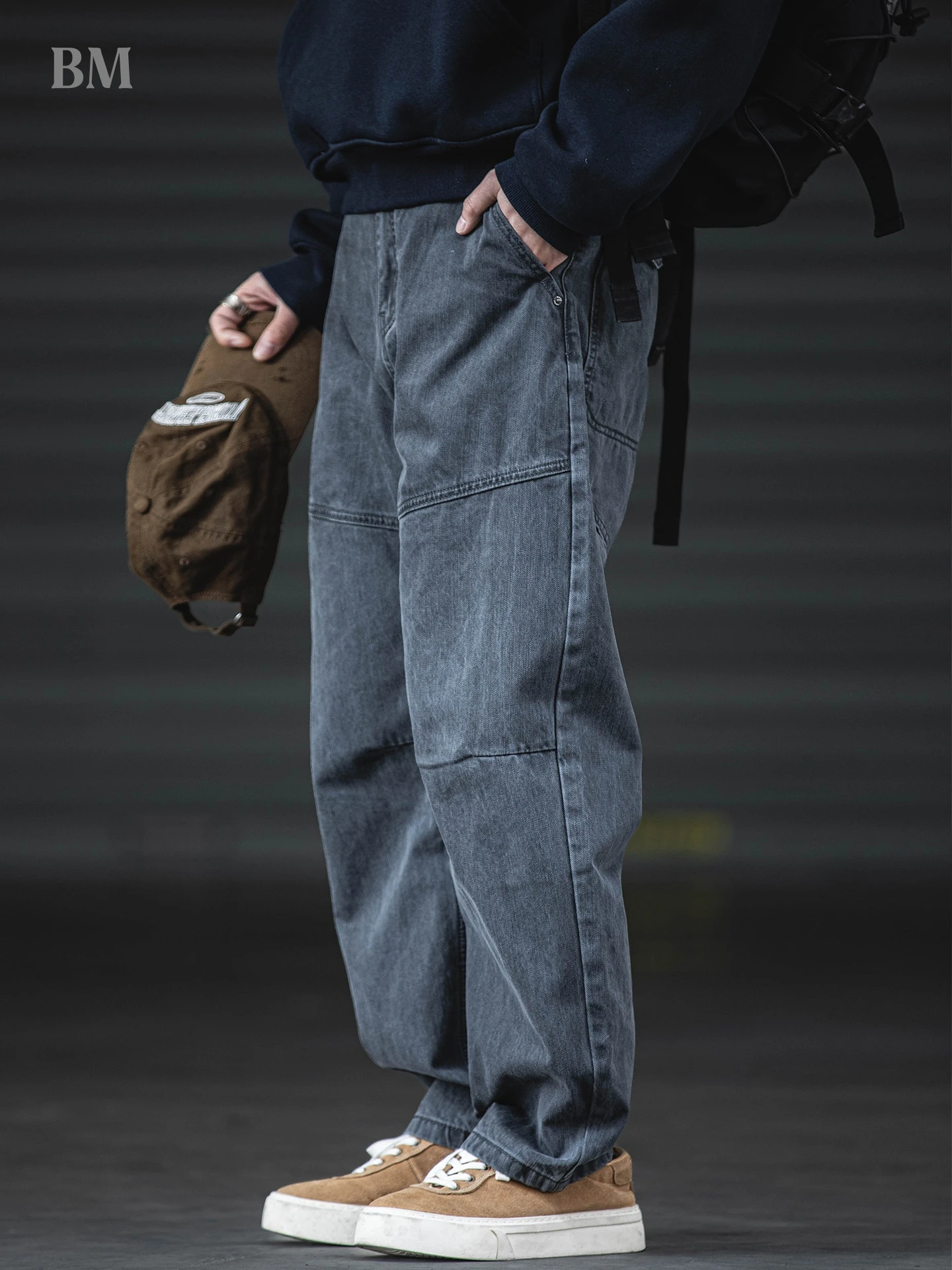 

Oversized Straight Leg Vintage Washed Cargo Pants Men Loose Fit Retro American Style Streetwear Utility Pants Gray Trousers