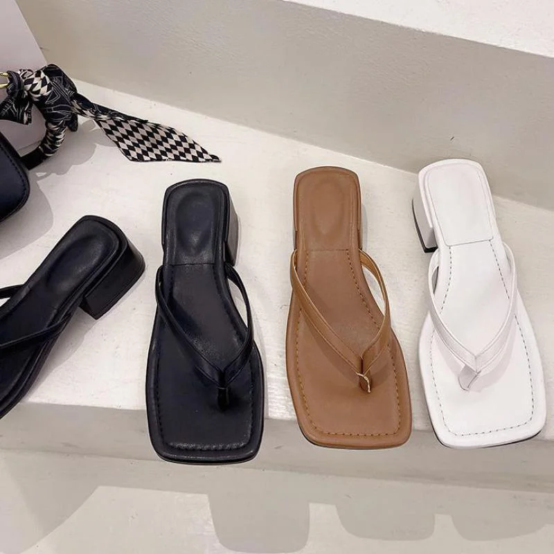 Summer Women Square High Heels Slides Mules Sweet Female Open Toe Slippers Mujer Shoes Indoor Rubber Sexy Flip Flops Slides