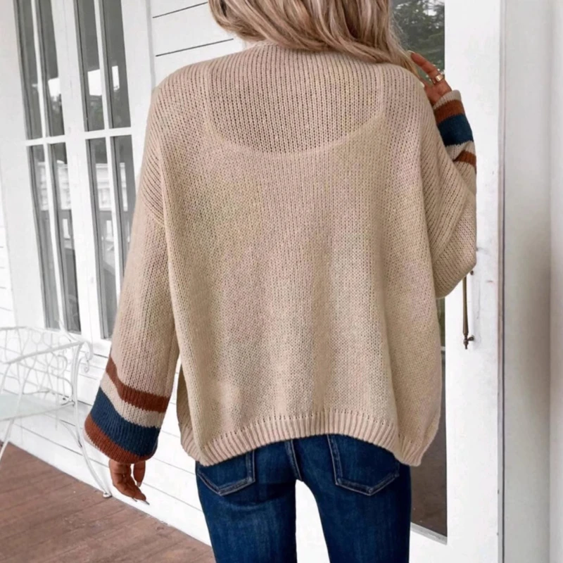 

Autumn and Winter Stitching Loose Sweater Contrast Color Women's Casual Cardigan