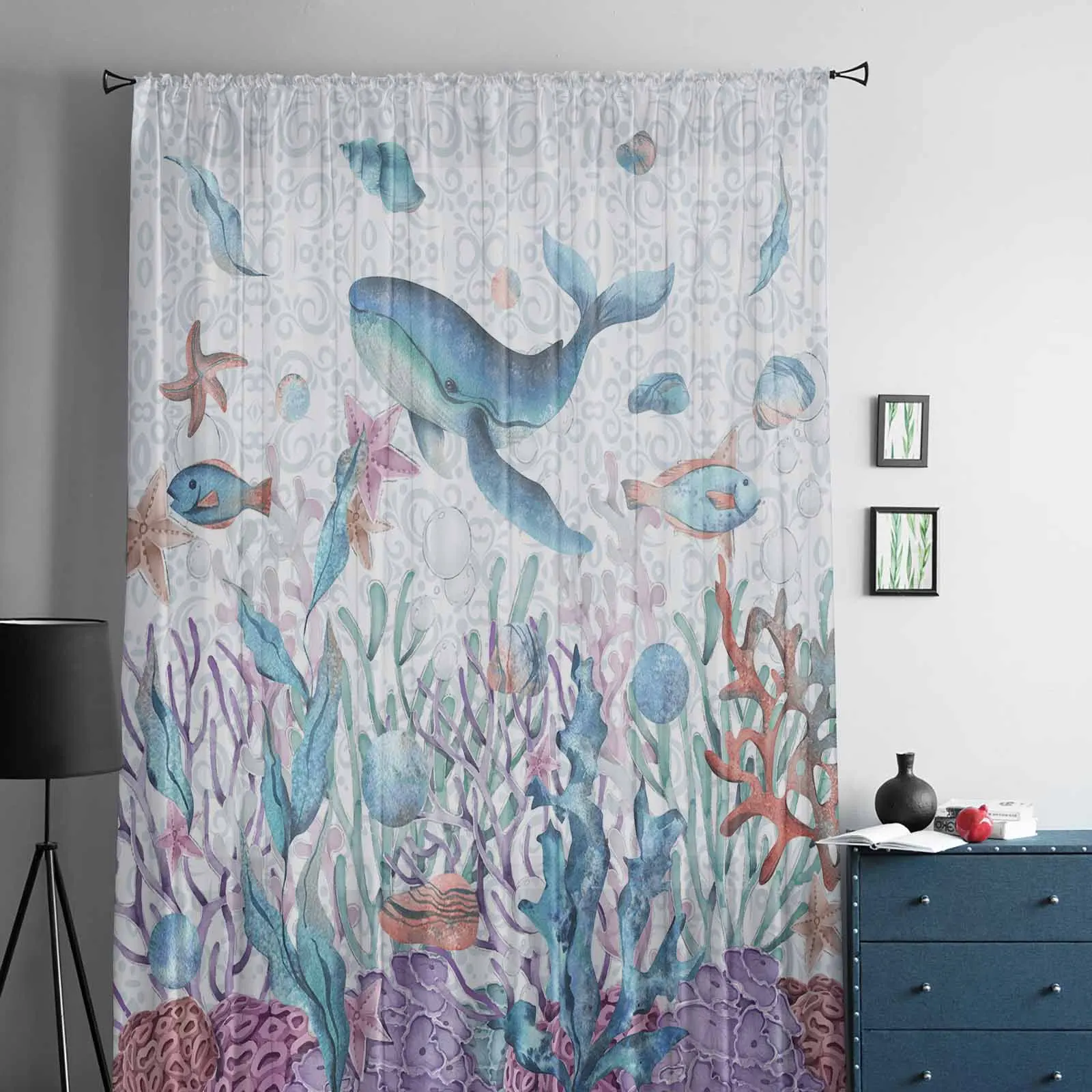 Summer Watercolor Ocean Shells Whales Starfish Window Tulle Curtains for Living Room Hotel Luxury Decoration Sheer Curtains