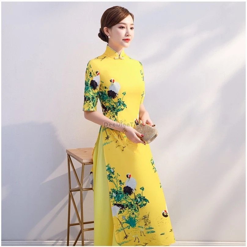 2024 vietnam aodai cheongsam dress women long improved cheongsam dress stand collar printed slimming elegant party qipao b151