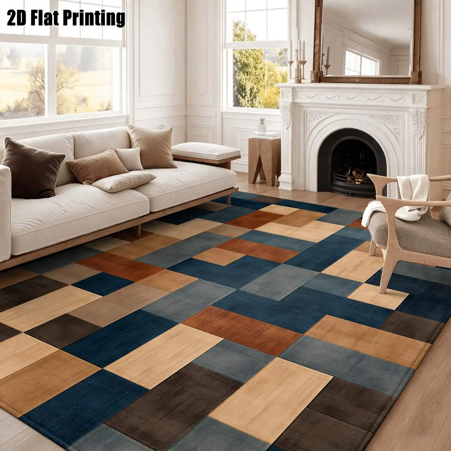 1Pc 2D Printed Carpet: Blue Brown Geometric Patchwork Nordic Modern Minimalist Vintage Rug, Multi-Size Machine Washable, for Home Decor, Entrance Dining Bedroom Living Room