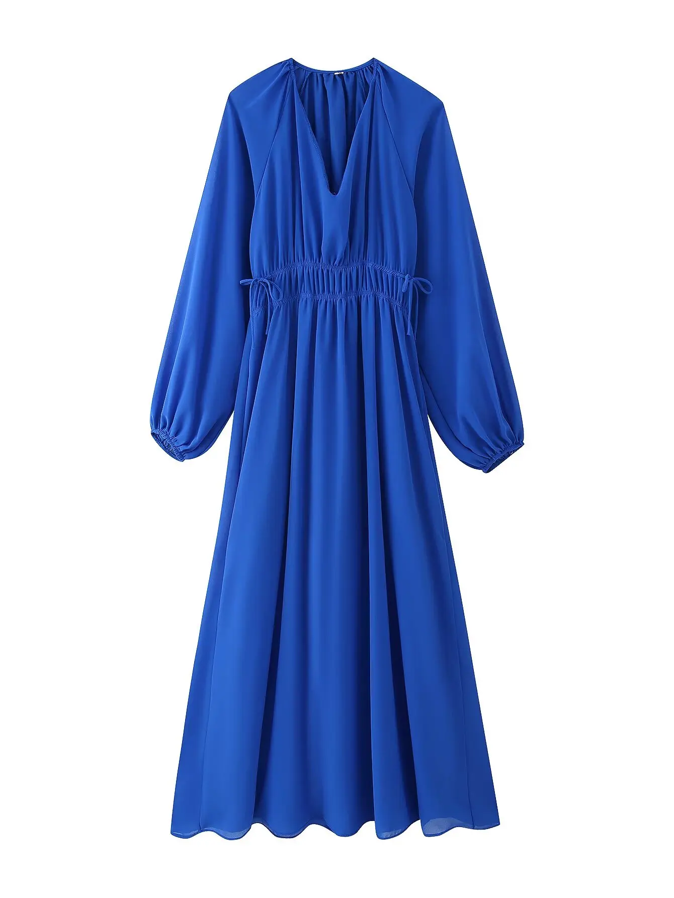 우아한 브이넥 긴 소매 롱 드레스 여성용 탄력 있는 허리 벨트 순색 하이웨이스트 랜턴 소매 봄 여름 가을