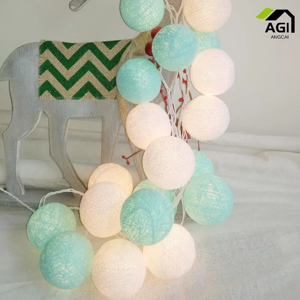 Bola De Algodão Luzes Cordas, Guirlanda De Fadas, Festa De Casamento, Decoração De Jardim De Casa, Aqua Mint + Branco, Bateria AA, USB, Plug In,