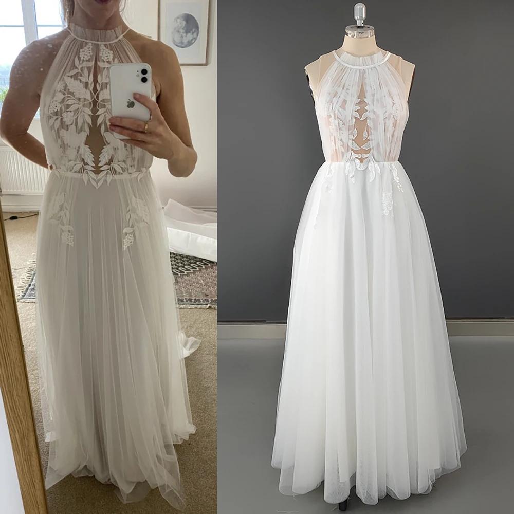 Halter Neck Vine Embroidered Lace Bridal Gowns A Line Tulle Customized Rustic Sweep Train Illusion Boho Backless Wedding Dress