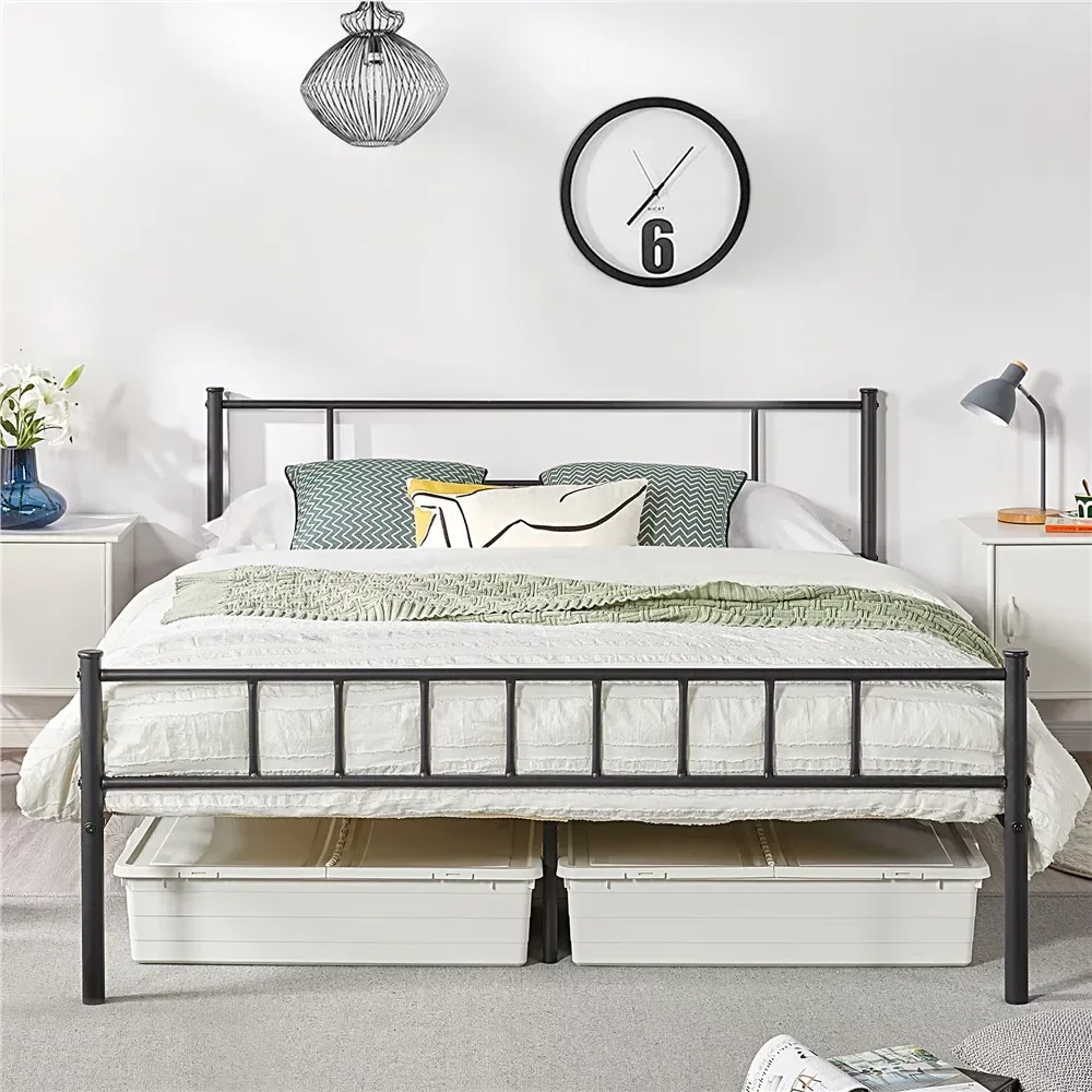 Metal Plataforma Cama com Eixo Cabeceira e Footboard, Rainha, Preto