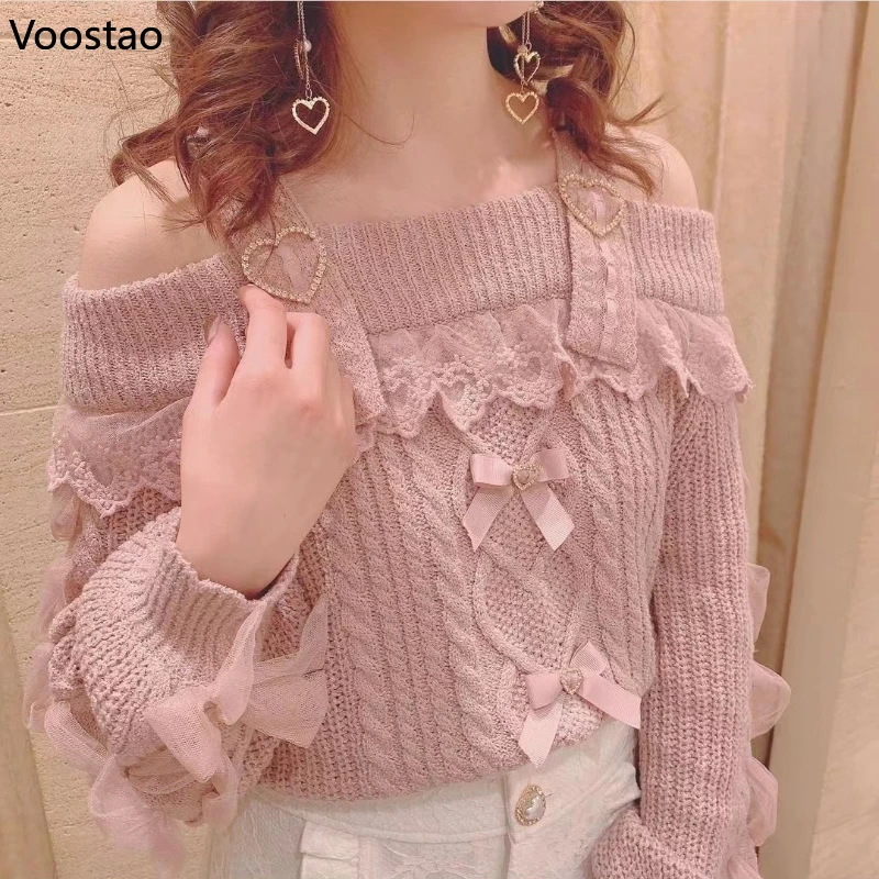 Japanese Cute Lolita Style Knitted Pullover Autumn Women Sweet Hearts Buckle Off Shoulder Lace Bow Sweater Girls Vintage Tops