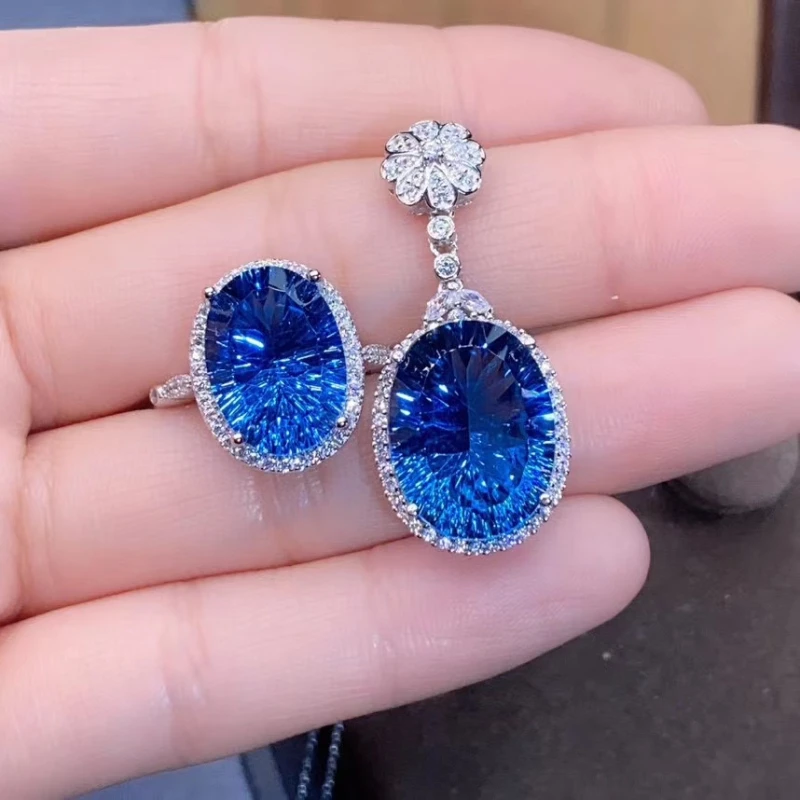 

925 Sterling Silver Natural Sapphire Blue Topaz Set Women's Ring Pendant Support Test Fine Jewelry