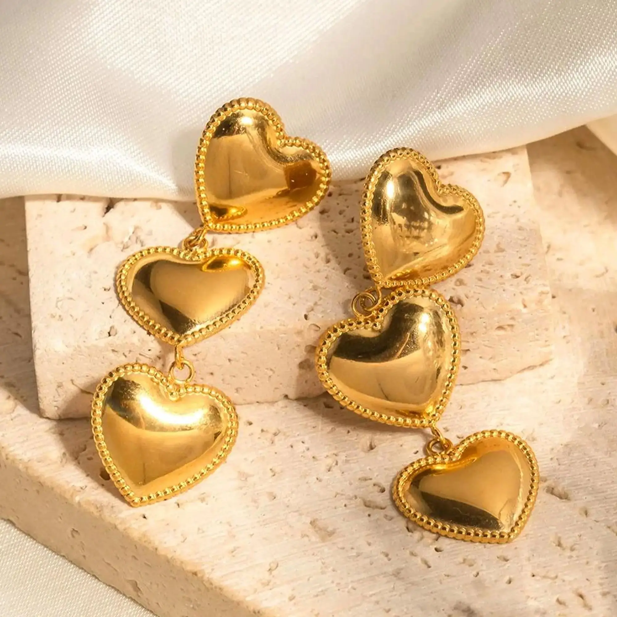 CARLIDANA Vintage Fashion Party Jewelry Earrings Non Tarnish 18k Gold Plated Stainless Steel Layered Heart Drop Stud Earrings