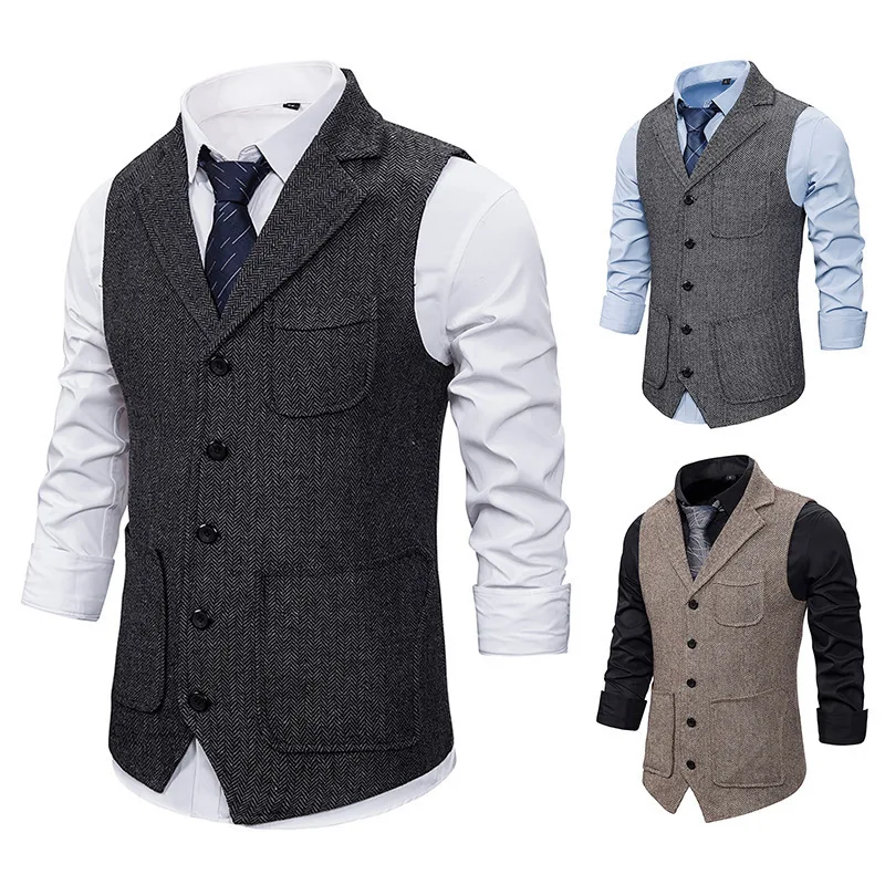 Chaleco de mezcla de algodón con solapa de negocios para hombre, traje de caballero inglés Informal, chaleco de boda Formal sólido