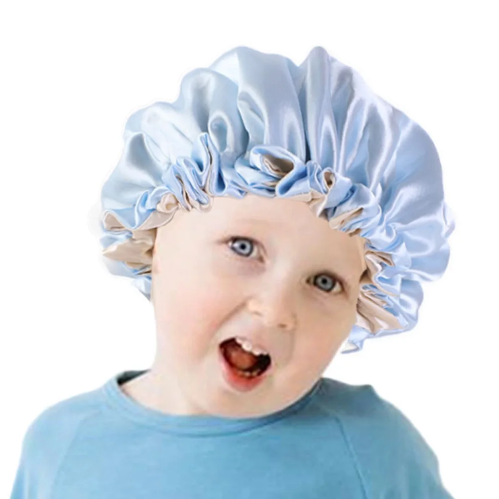 

Satin Kids Night Sleeping Hat Layer Elastic Blue Child Bath Kids Sleeping Hat Cap Adjustable Comfortable Shower