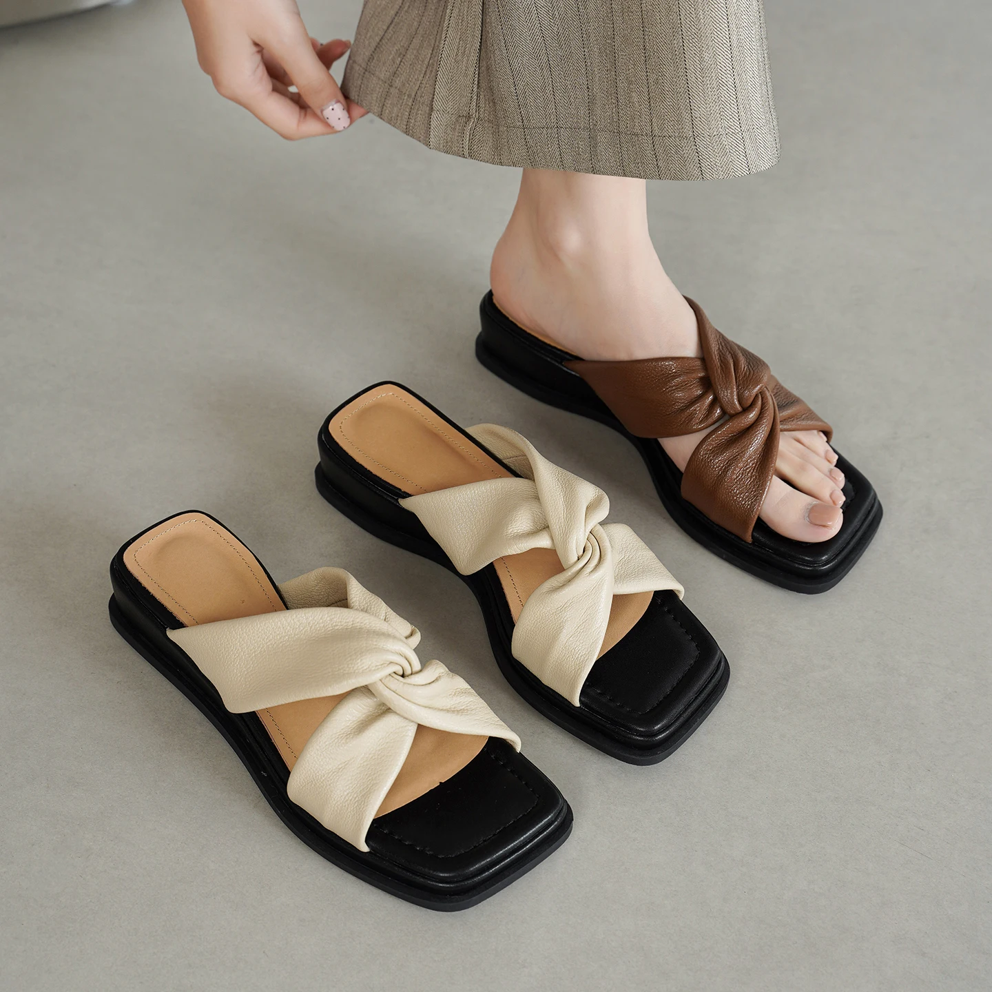 2026new summer women sandals natural leather plus size 22-25cm sheepskin+cowhide+pigskin cross-strap mules wedges women slippers