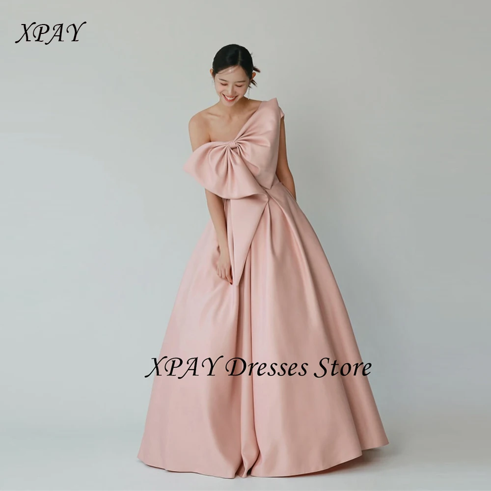 

XPAY Blush Pink Elegant Evening Dresses Korea Photo shoot Big Bow Front Soft Satin Formal Party Bride Gowns Customized Corset