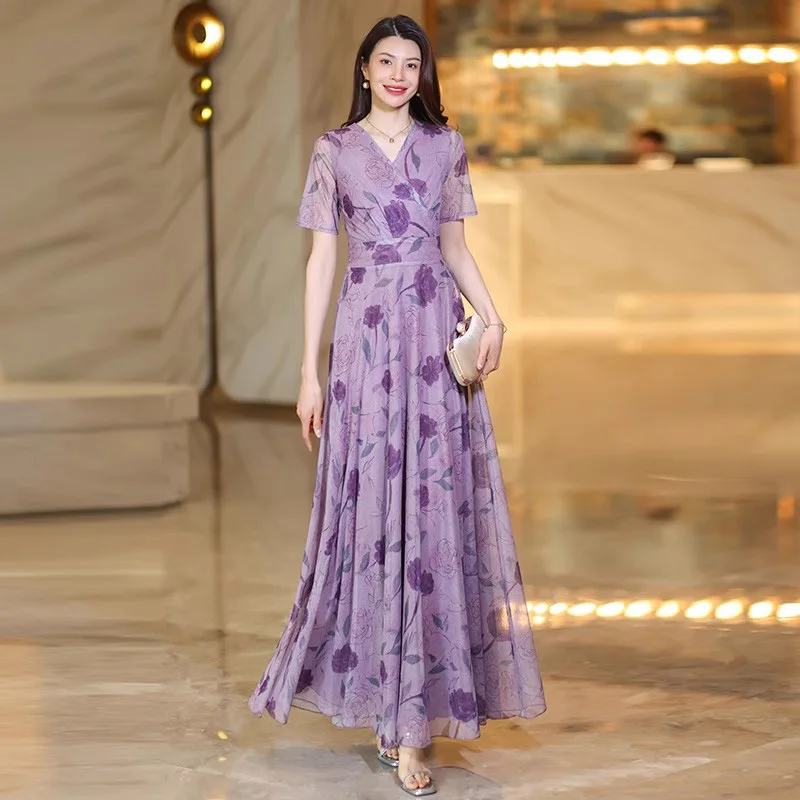 

New Women Elegant Purple Print Dress Summer Fashion V-Neck Short Sleeve High Waist Long Dress Casual Flowing Slim Floral Dress
