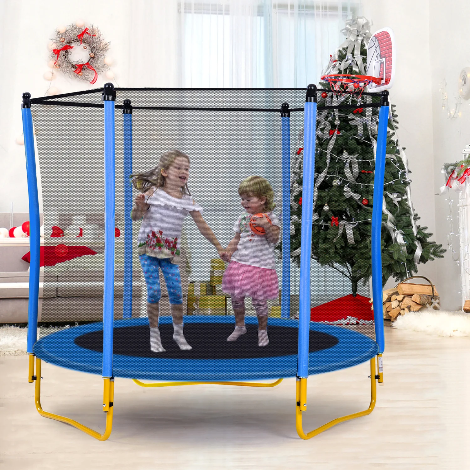 

5.5FT Trampoline for Kids - 65" Outdoor & Indoor Mini Toddler Trampoline with Enclosure, Basketball Hoop and Ball Included