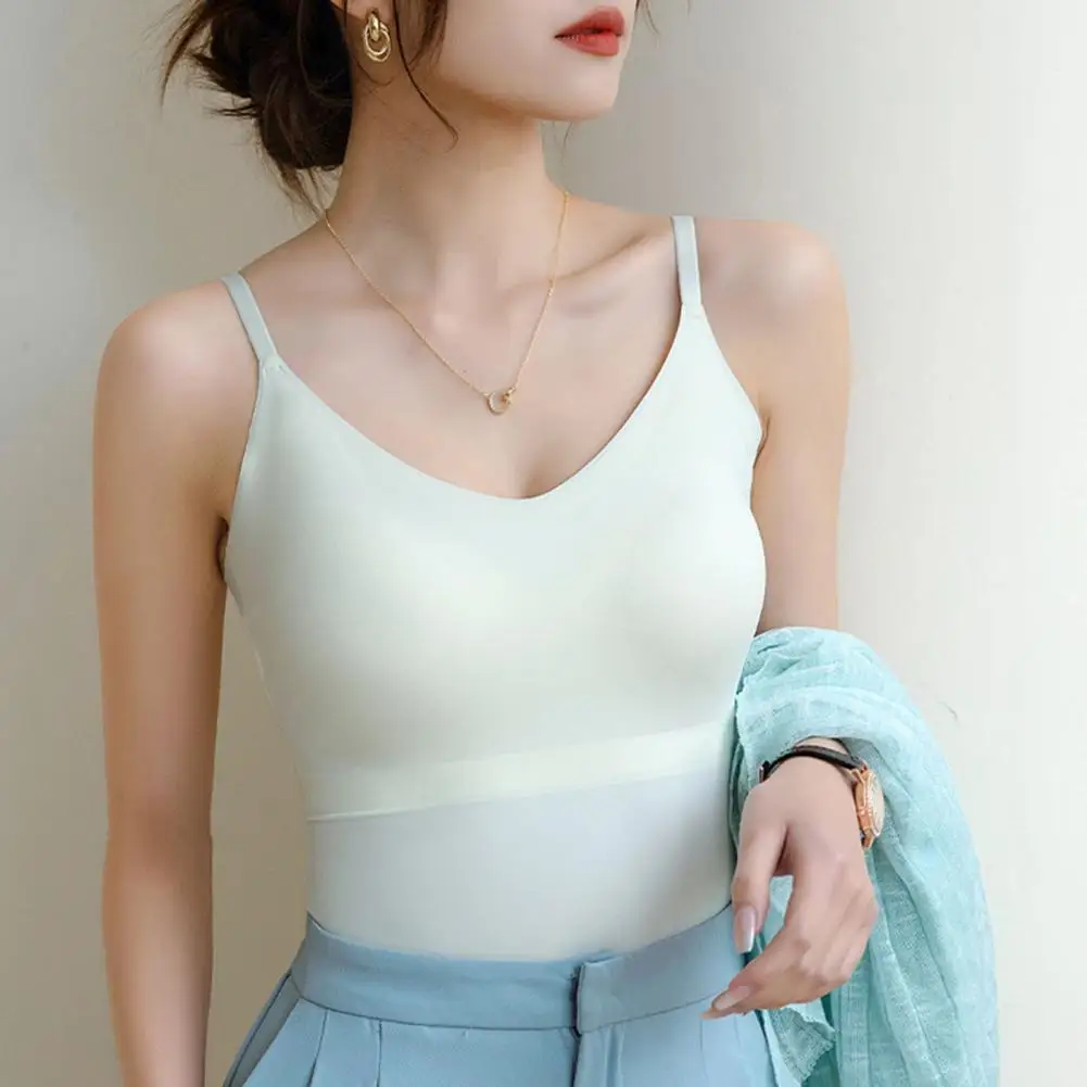 

Women Camisole Underwear Adjustable Shoulder Straps Elastic Bottoming Vest with Chest Pad Traceless Design Ice Silk Tank Top