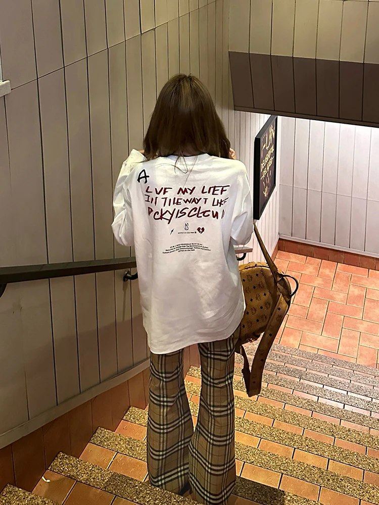 

plus Size Women's Early Autumn Pure Cotton White Long Sleeve T-Shirt Men's Spring Autumn Loose Design American Style Top