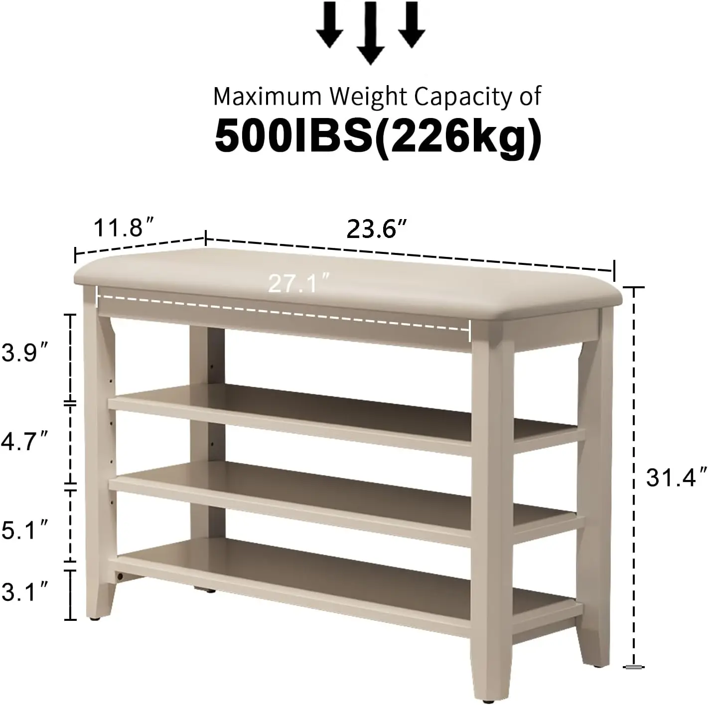 Shoe Bench With Leather Cushion, 3 Tiers Shoe Storage Bench Height Adjustable, Walnut Wood Entryway Bench For Hallway, Mudroom