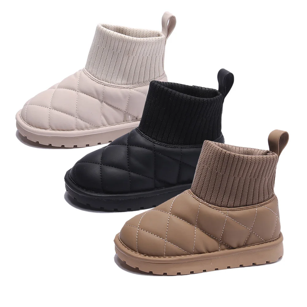 Botas de moda para niños y niñas, botas de nieve tejidas de cuero PU para invierno, zapatos para niñas, zapatos de invierno hasta el tobillo para