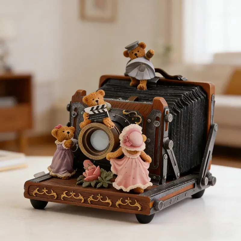 Vintage Resin Camera Music Box Retro Bear Figurine Creative Home Decor Ornament Cute Jewelry Display Stand Nostalgic Gift