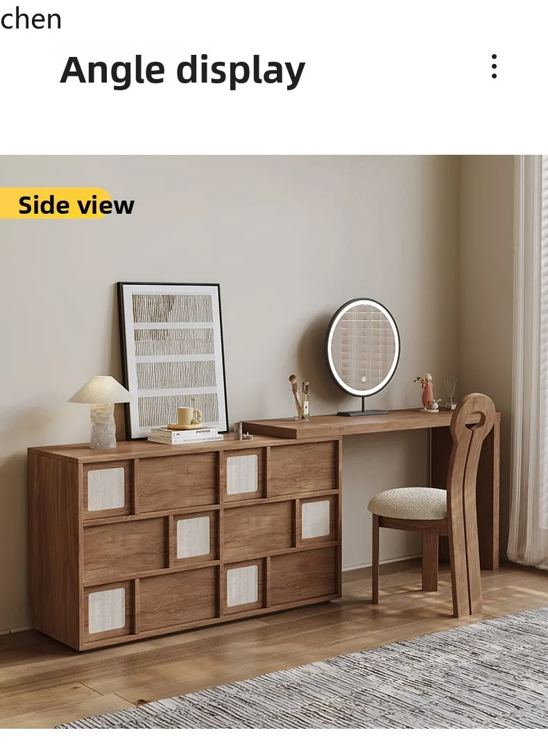 CZ Retro Solid Wood Dressing Table and Chest of Drawers Integrated Extendable Mid-century Style Makeup Table Bedside Storage