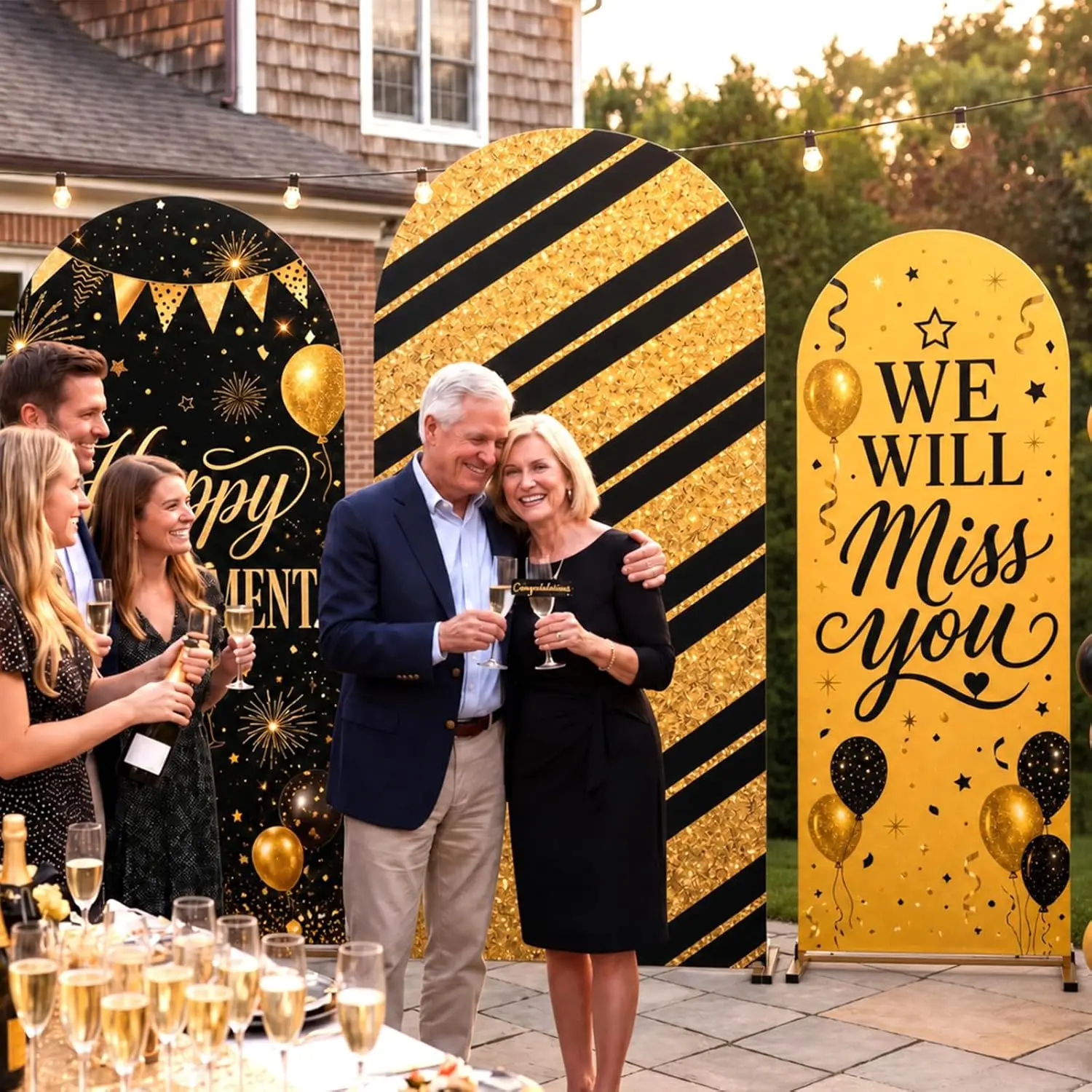 Custom 2-sided Happy Retirement Arch Backdrop Cover Black Gold We Will Miss You Background Coworker Goodbye Going Away Party