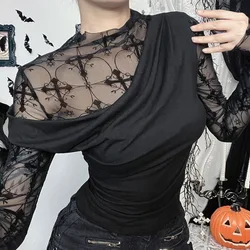 2000s Gothic DarkFashion Long Sleeve Oblique Shoulder Tops Elegant Flocking Mesh Patchwork T-shirts Y2k Fashion Long Sleeve Tees
