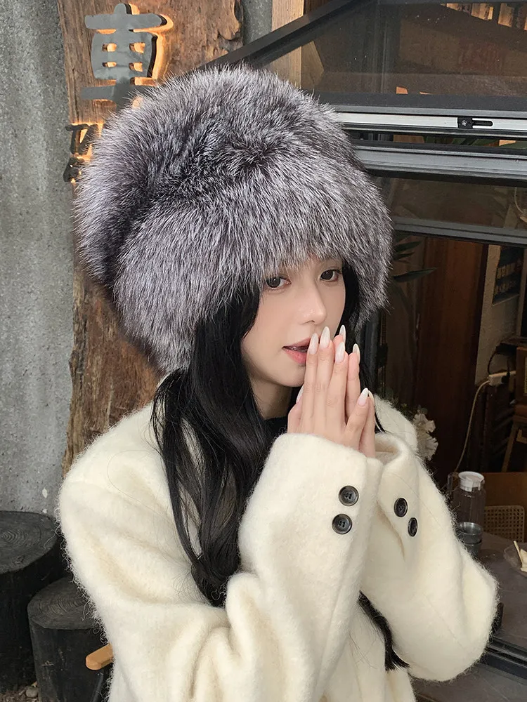 Real Fox Fur Hat For Winter Genuine Natural Silver Fox Fur Round Cap Russian Luxury Thick Warm Earmuff Women Fox Tail Bomber Hat