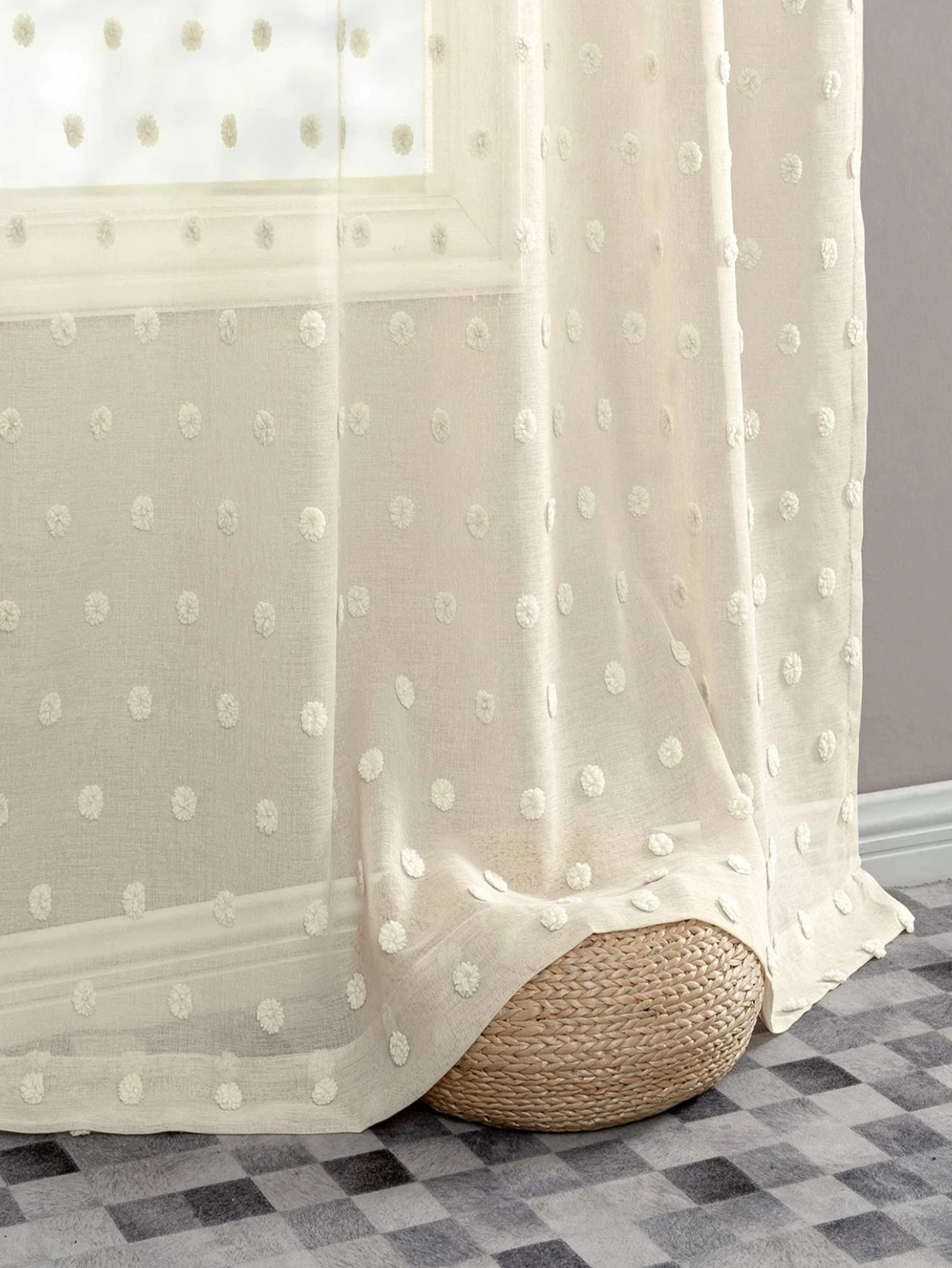 1Pc French-Style Light Luxury White Embroidered 3D Pom-Pom Sheer Curtain Versatile Japanese-Style Window Screen Suitable for Children's Room, Living Room, Bedroom, Kitchen Decoration Sheer Curtain Window Curtain