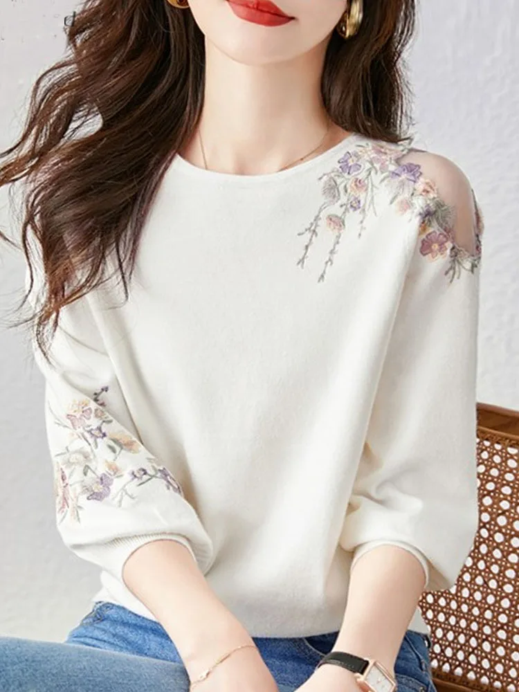 Summer Flower Embroidery Knitted Sweater Women Pullover Casual Fashion Women Tops 2024 O-Neck Knit Women Swearer Pullovers G416