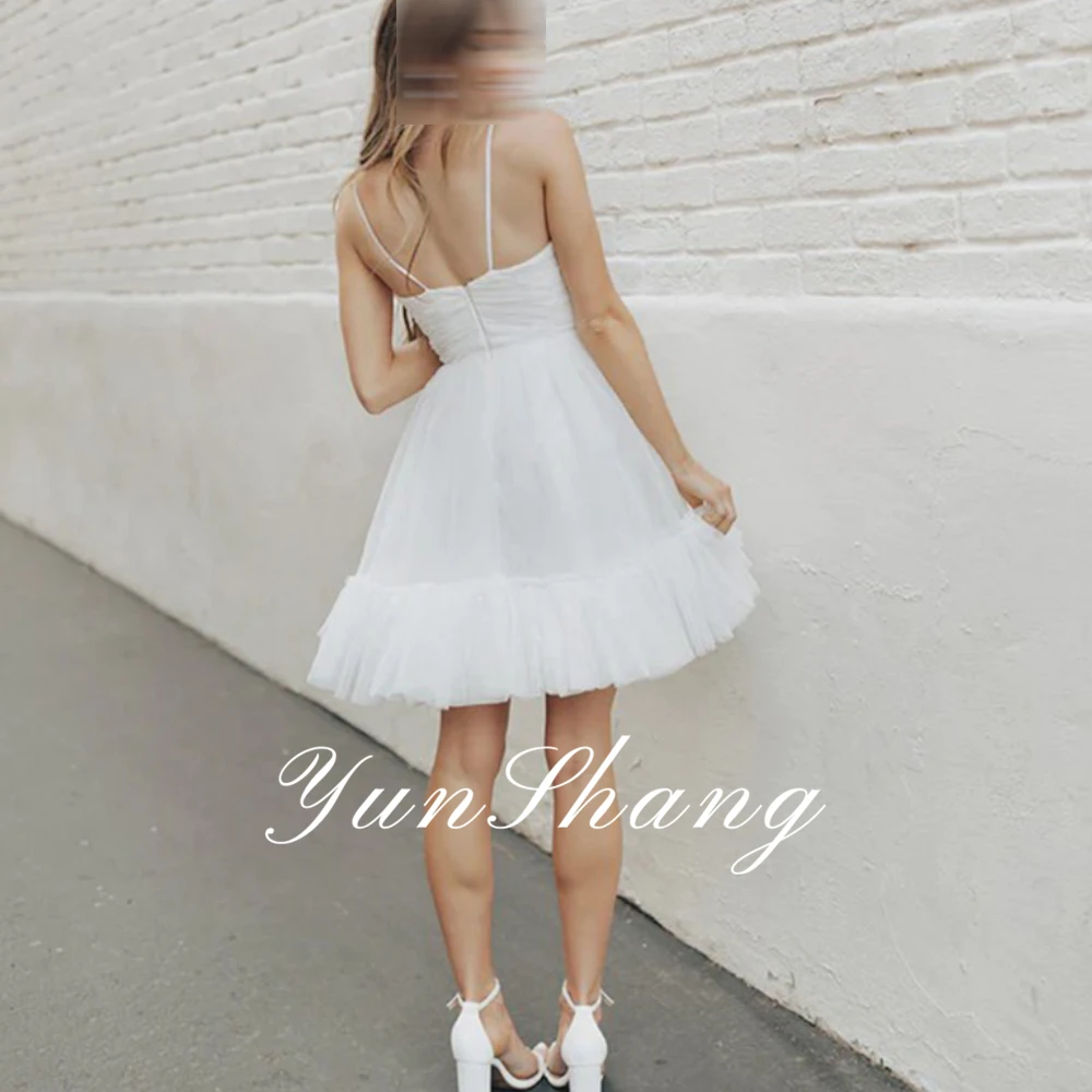 YunShang CustomizedSpaghetti Straps Mini Beach Wedding Dresses Bohomian With Beading Bow Pleat Short Backless Lovely Bridal Gown