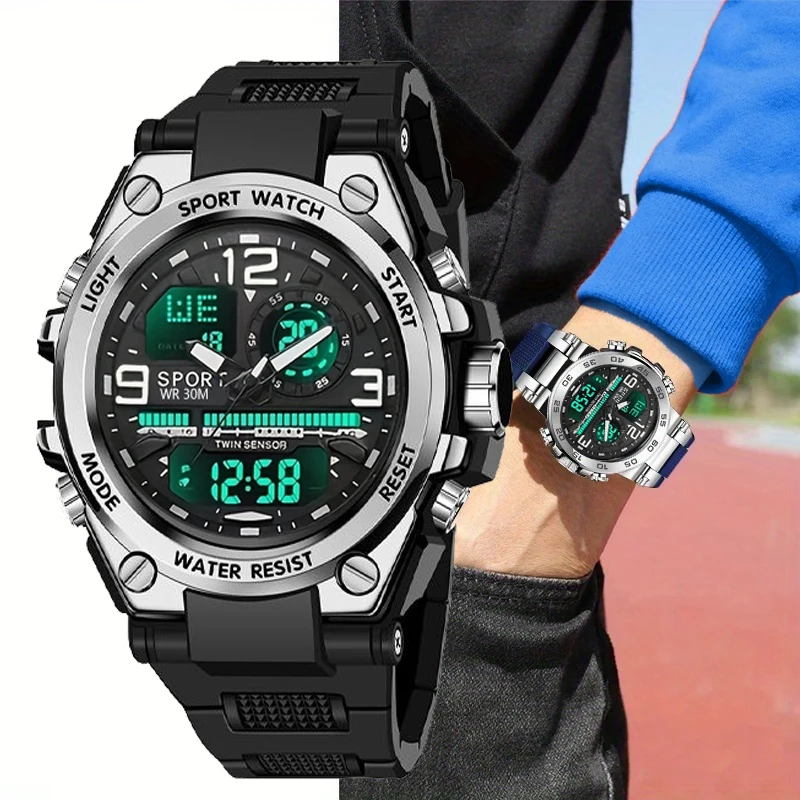 

Многофункциональные мужские спортивные часы, молодежные часы с двойным дисплеем, светящийся будильник, кварцевые электронные часы