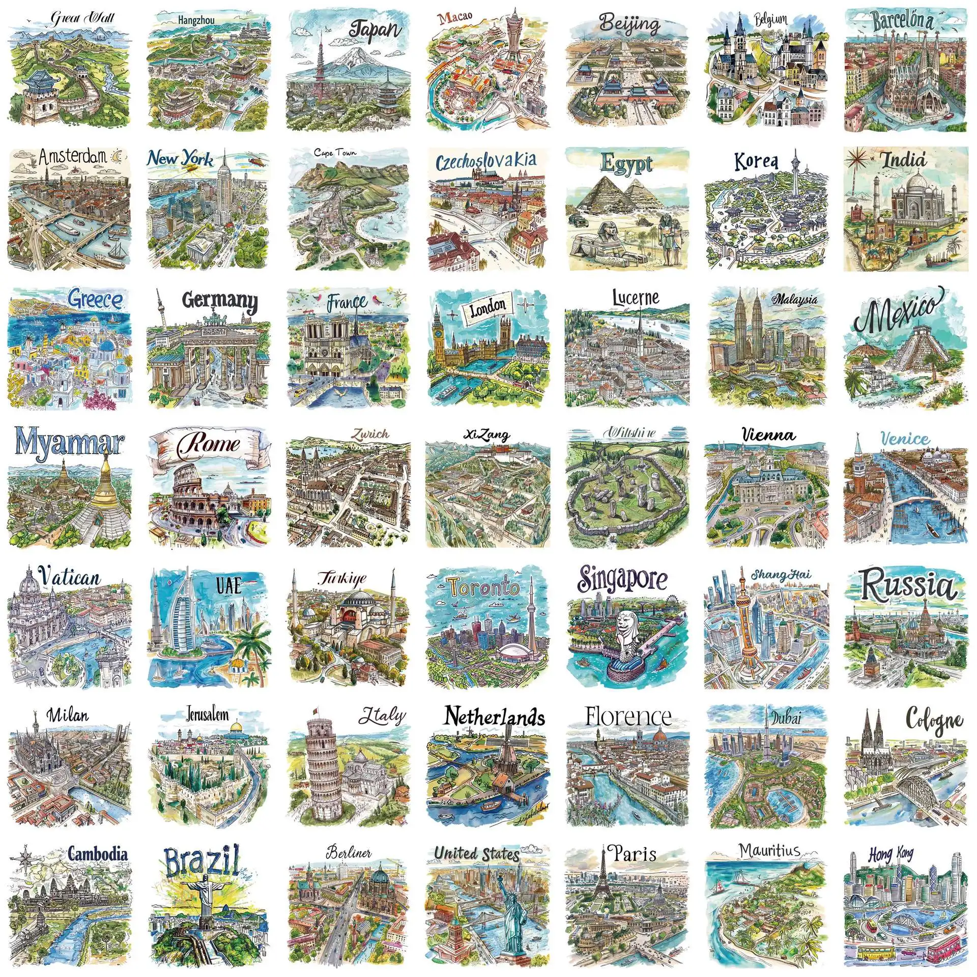 50pcs Hand Drawn Tourist Map Cartoon Graffiti Stickers Phone Guitar Laptop Notebook Suitcase Water Bottles Waterproof Sticker Gi